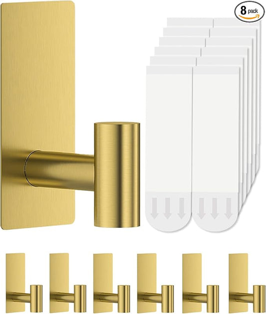 8 Pcs Towel Hooks Heavy Duty for Hanging，Adhesive Wall Hooks with Removable Strips，Sticky No Damage，Outdoor for Bathrooms，Shower，Stockings，Decor，Robe，Large，Gold 304 Stainless Steel