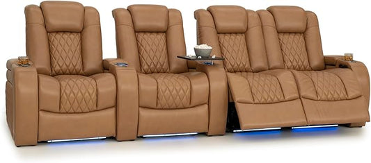 Seatcraft Diamante Zero-Gravity CoolZero Italian Leather Home Theater Seating, Power Headrest, Power Recline, Row of 4 Right Loveseat, Tan Oak