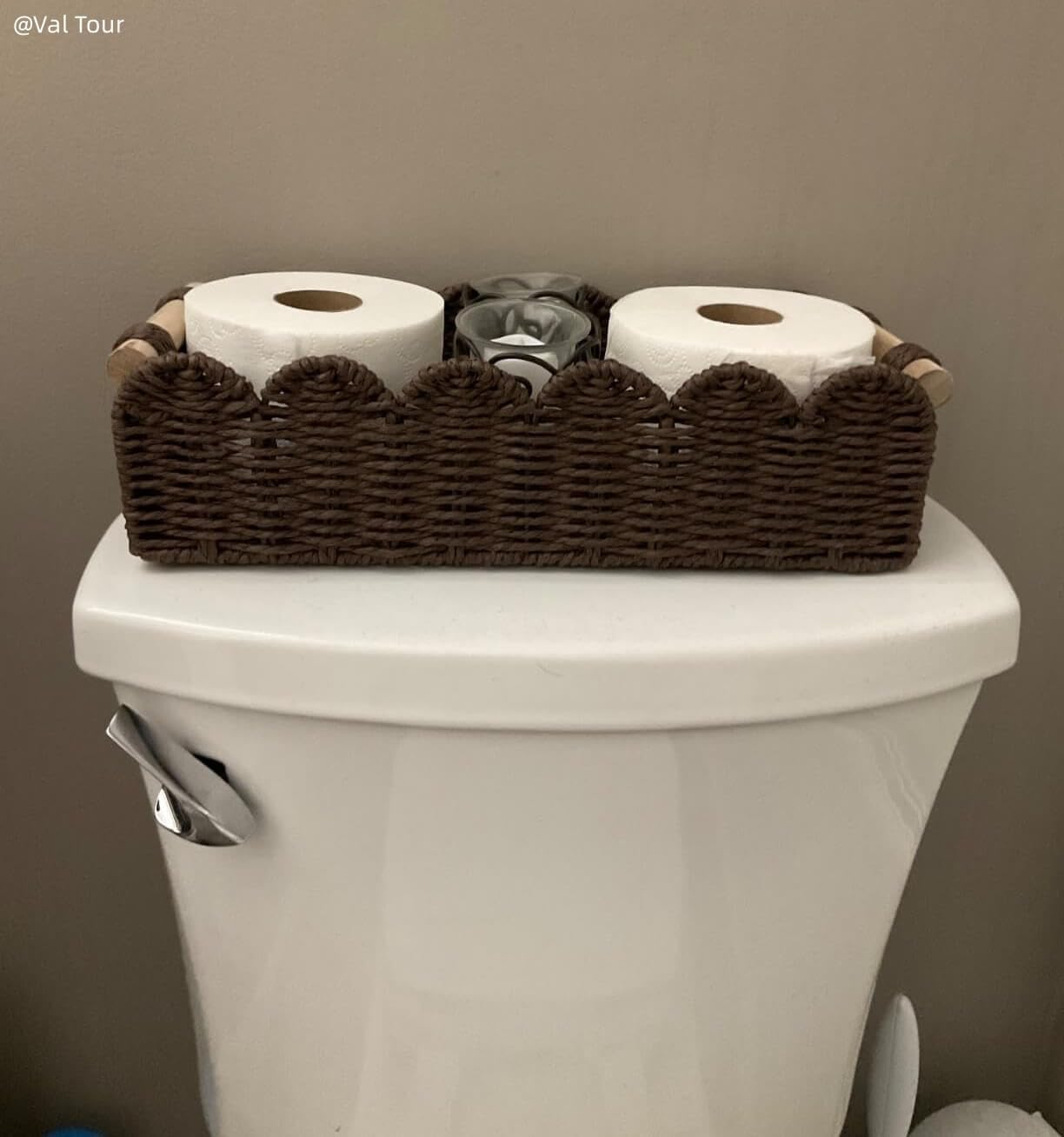 CubesLand Paper Rope Scalloped Edge Shelves Storage Basket, Woven Toilet Paper Baskets for Over Toilet Storage Shelf, Ending Table, Floating Shelves Organizing or Home Décor, with Wood Handle, Brown