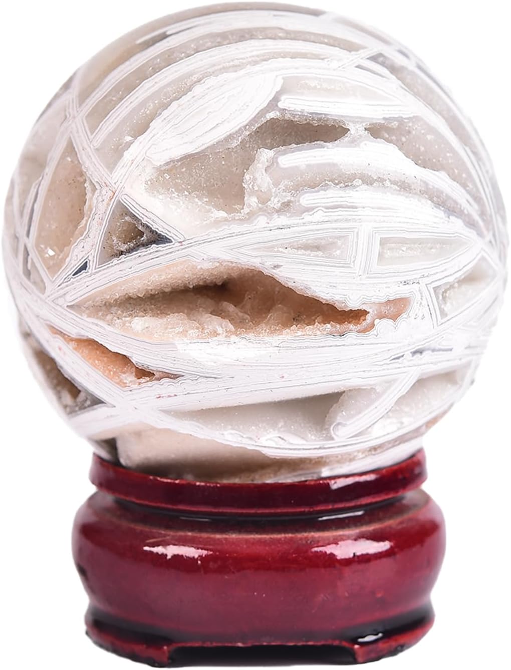 JIC Gem Mexican White Agate Crystal Ball with Wooden Stand White Healing Crystal Sphere Ball for Feng Shui Decor Spiritual Gifts 60-70mm