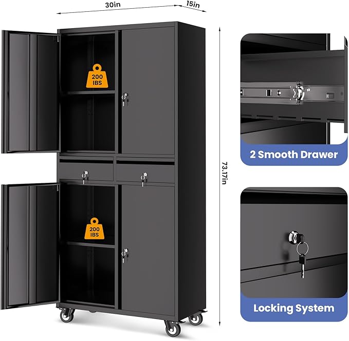 IDEALHOUSE Garage Storage Cabinet, 73 Inch Metal with Locking Doors and Adjustable Shelves, Heavy Duty Tool Cabinet with 2 Drawers