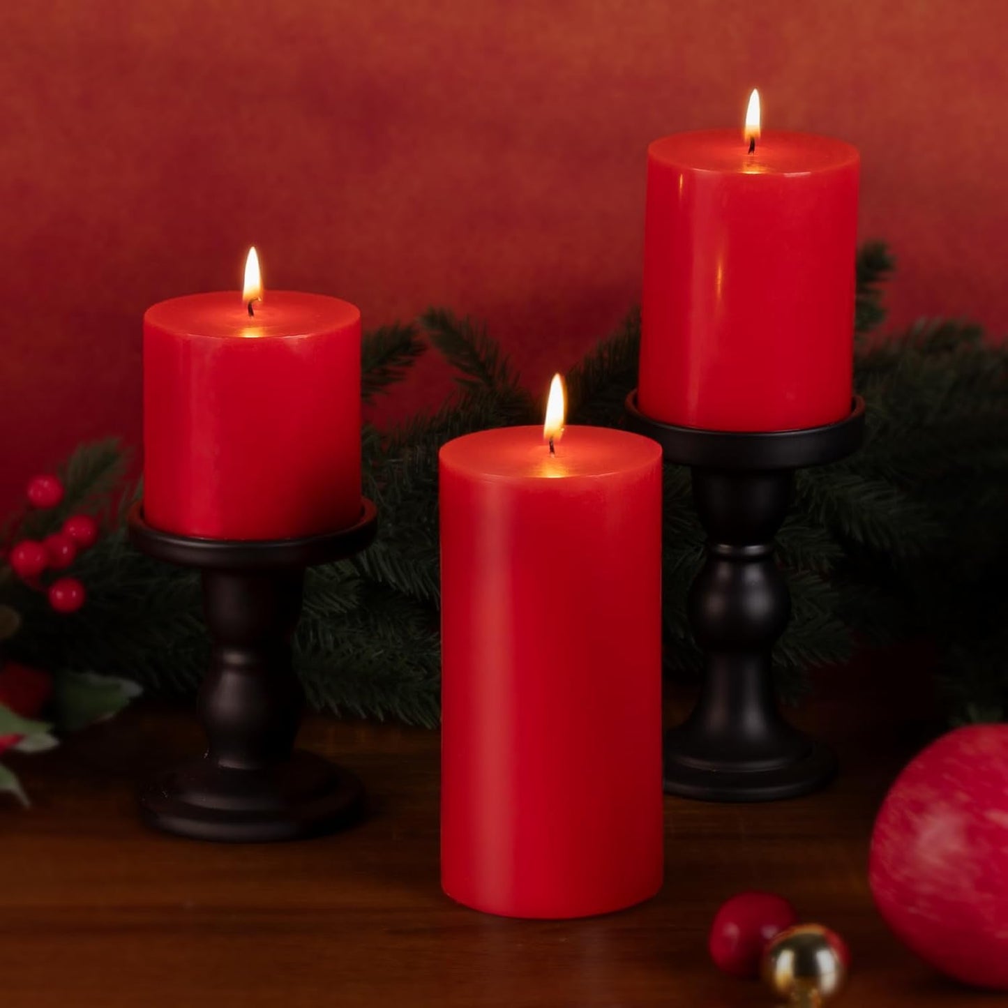 KONNI Red Pillar Candles Set of 3, 3"x 6" Unscented Pillar Candles Bulk, 56 Hours Long Burning Candles, Smokeless and Dripless Large Round Candle for Wedding, Home Decoration, Parties, Spas, Dinner