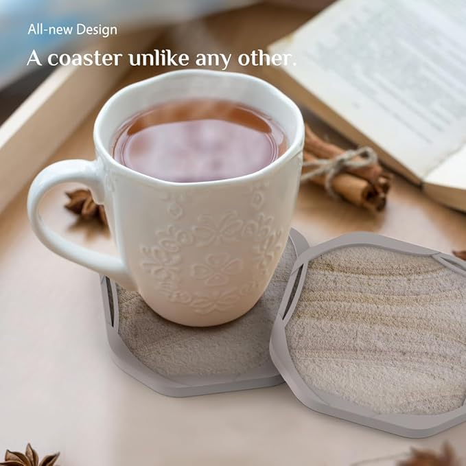 UMIRRO Absorbent Coasters for Drinks, Rustic Silicone Cup Coaster with Felt Insert for Beach Coffee Table Decor, Small Birthday Gift Ideas for Men Dad Him Women Mom Her, 4", Sandstone Style, Set of 4