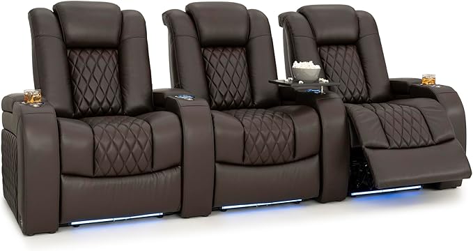 Seatcraft Diamante Zero-Gravity CoolZero Italian Leather Home Theater Seating, Power Headrest, Power Recline, Row of 3, Brown