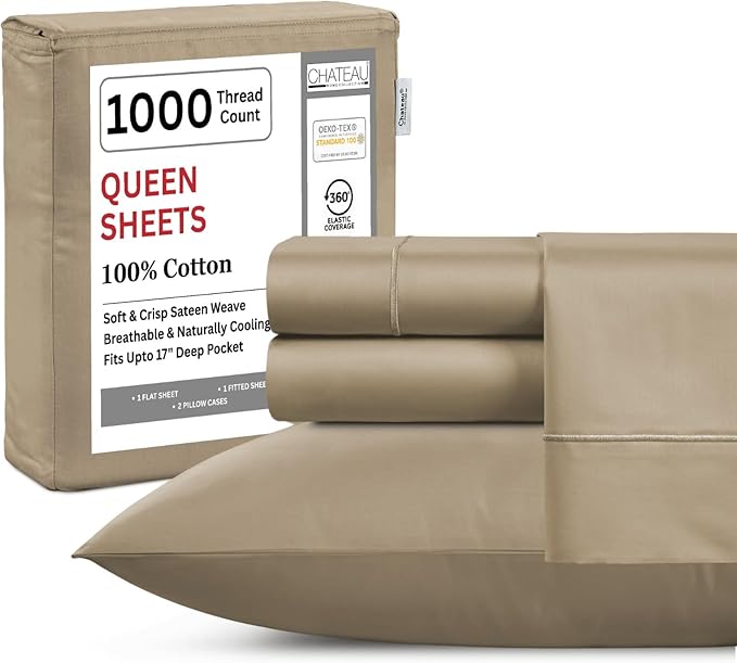 100% Cotton Queen Sheet Set - 1000 Thread Count Deep Pocket Sheets Queen Size, Luxury Hotel Collection Sheets, Soft & Comfy Machine Washable - Taupe