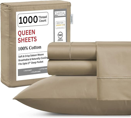 100% Cotton Queen Sheet Set - 1000 Thread Count Deep Pocket Sheets Queen Size, Luxury Hotel Collection Sheets, Soft & Comfy Machine Washable - Taupe
