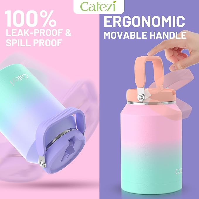 Insulated Water Bottle 64 oz, Stainless Steel Water Bottles with Flip Straw and Top Handle, Leak Proof, Iced for 34 Hours, Vacuum Insulated Water Bottle for Home, Office, Hiking, Car