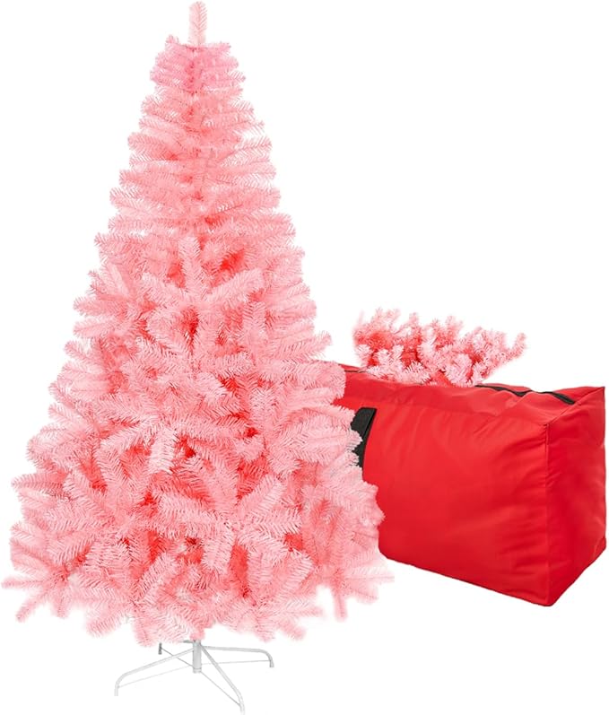 5ft Pink Artificial Christmas Tree, Arbol de Navidad with 600 Branch Tips, Fake Christmas Tree, Premium Spruce Xmas Tree with Fold-Able Metal Base Stand