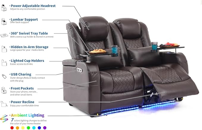 Home Theater Seating Seats, Game Movie Theater Chairs Theater Recliner Sofa with 7 Colors Ambient Lighting, Lumbar Pillow, Side Pocket, Tray Table, Power Recliner