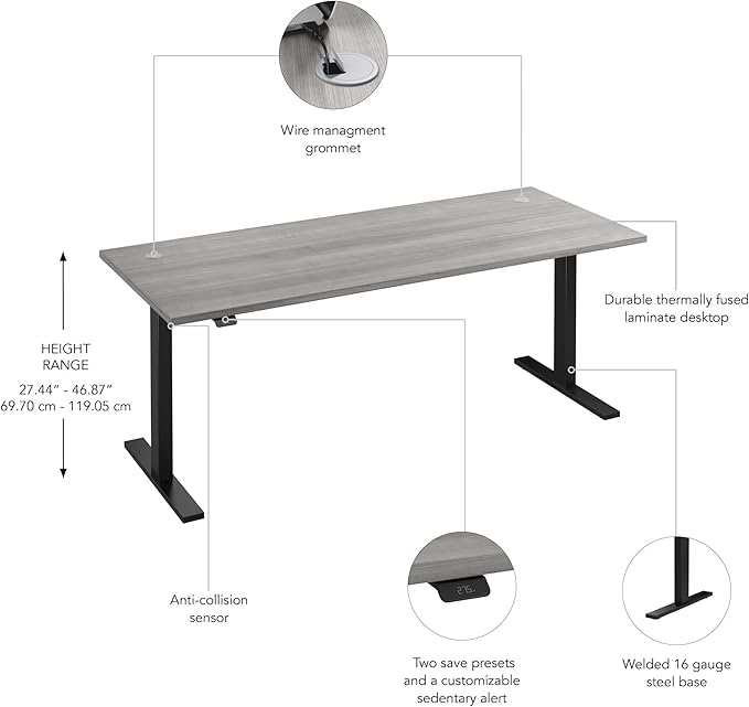 Bush Business Furniture 72-inch Electric Height Adjustable Standing Desk, Ergonomic Sit-Stand Computer Table for Home and Professional Office, Move 60 Series, Platinum Gray with Black Base