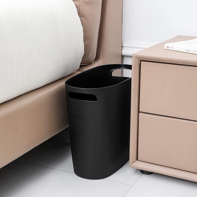 JiatuA Plastic Small Trash Can Slim Waste Basket with Handles 3.2 Gallon Narrow Garbage Container Bin for Bathroom, Bedroom, Kitchen, Home Office Under Desk, Dorm, Laundry Room, Kids Roomm, Black