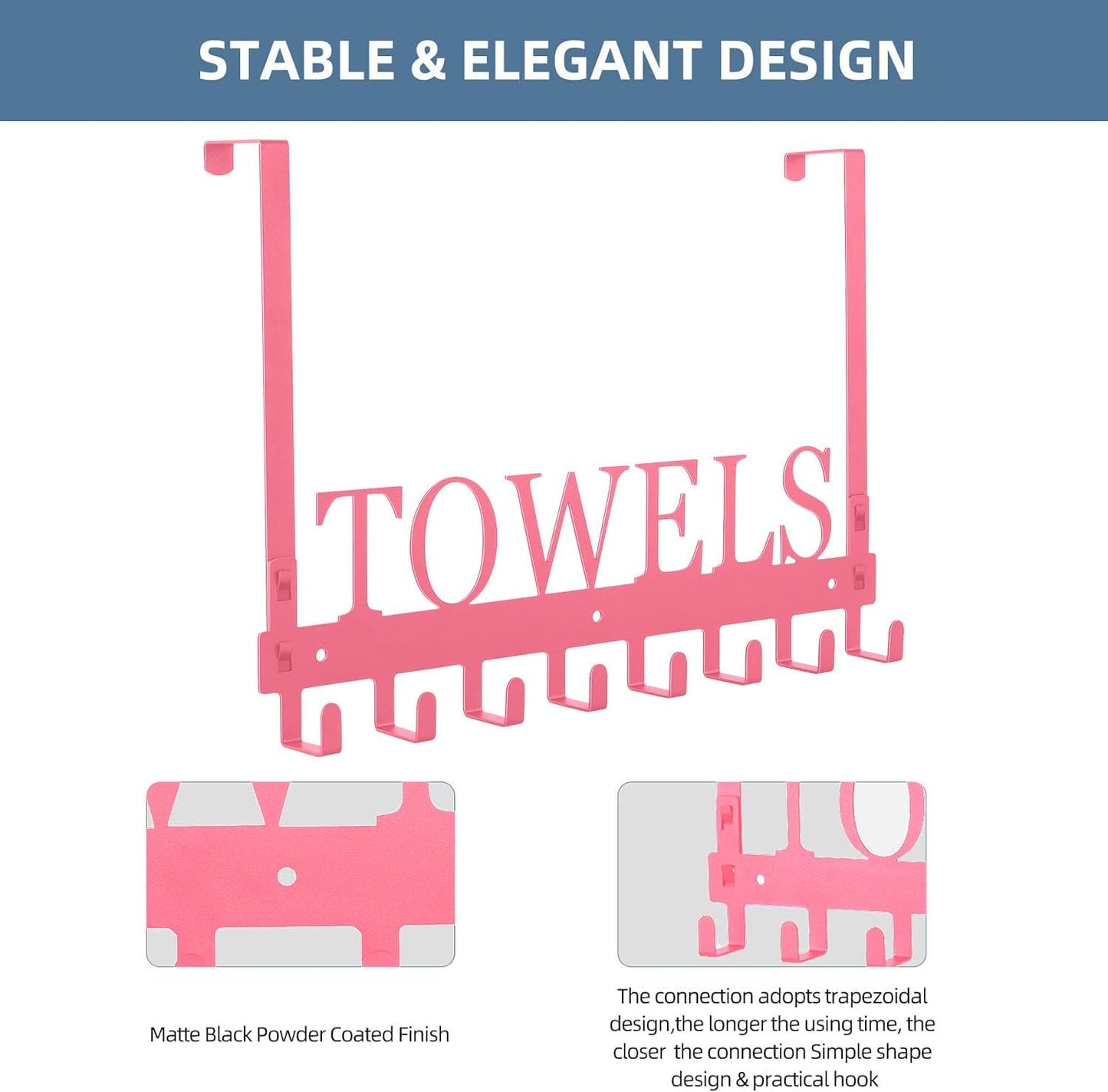 Over The Door Hooks - Wall Mount Towel Hanger with 8 Hooks for Bedroom Bathroom Pool Kitchen Towels, Bag, Coats - Pink