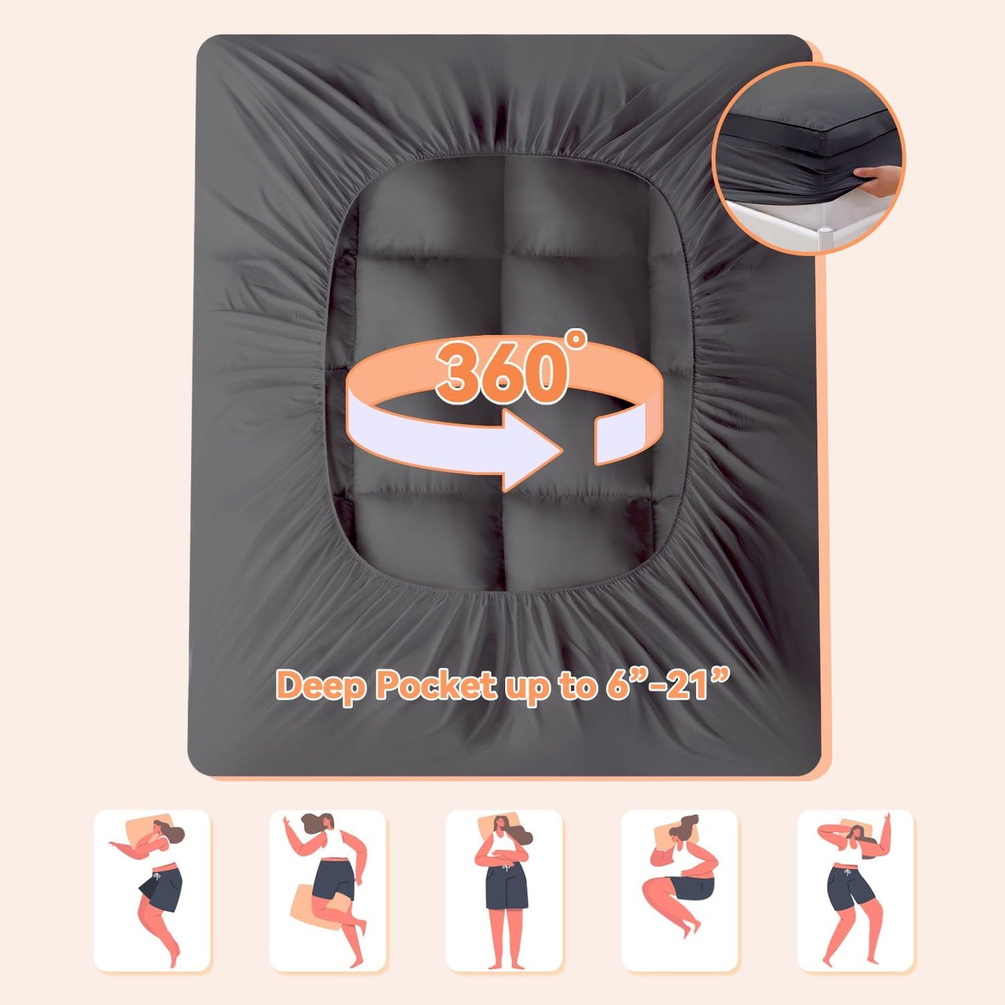 King Mattress Topper for Back Pain Relief, Extra Thick Pillow Top Plush Mattress Pad with Deep Pocket, Soft Pillowtop King Size Bed Toppers Filled Fluffy Down Alternative, Gray