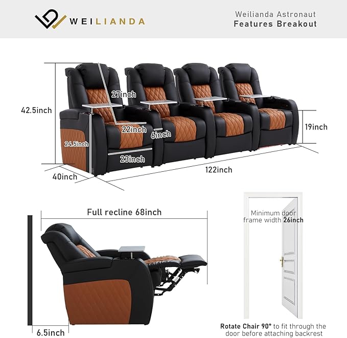Home Theater Seating, Top Grain Leather Movie Seats Recliner Chair, Zero Gravity Reclining Gaming Sofa with Power Headrest 7 Colors Ambient Lighting 4 Seats Black Camel