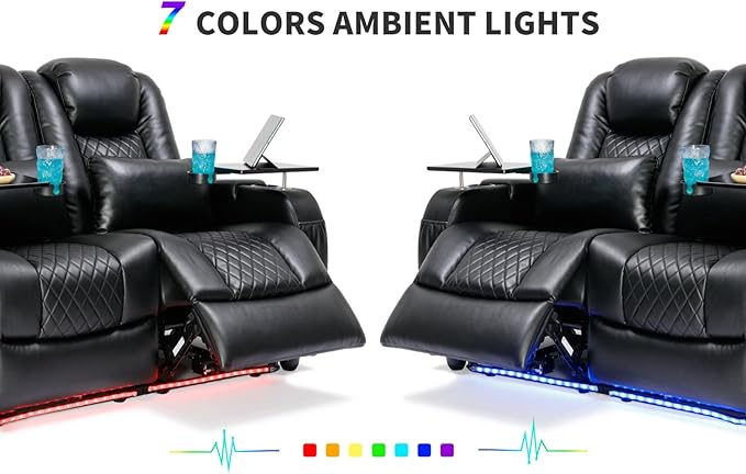 Home Theater Seating Seats, Game Movie Theater Chairs Theater Recliner Sofa with 7 Colors Ambient Lighting, Lumbar Pillow, Side Pocket, Tray Table, Power Recline, Black