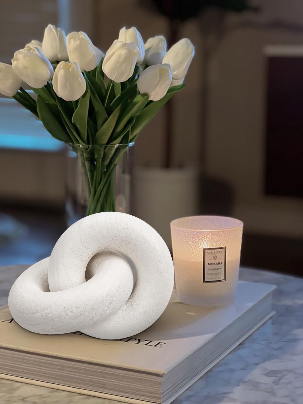 Table Decor Handcrafted Wooden Knot Sculpture Decor – Modern Nordic Style Decorative Accent for Home, Office, Shelf, and Console Table – Pure White Finish, 7"x4.7"