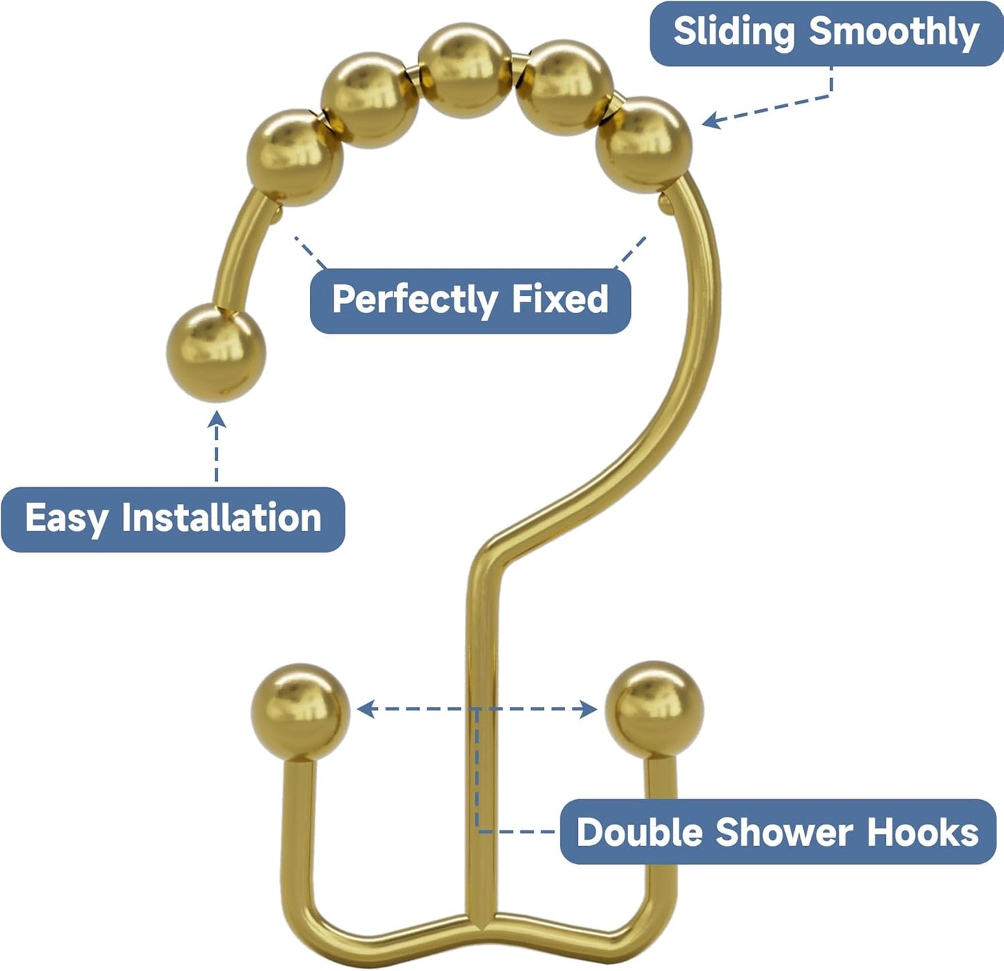 Titanker Gold Shower Curtain Hooks Rings, Rust-Resistant Metal Double Glide Shower Hooks Rings for Bathroom Shower Curtains Rods, Set of 12 Hooks - Gold