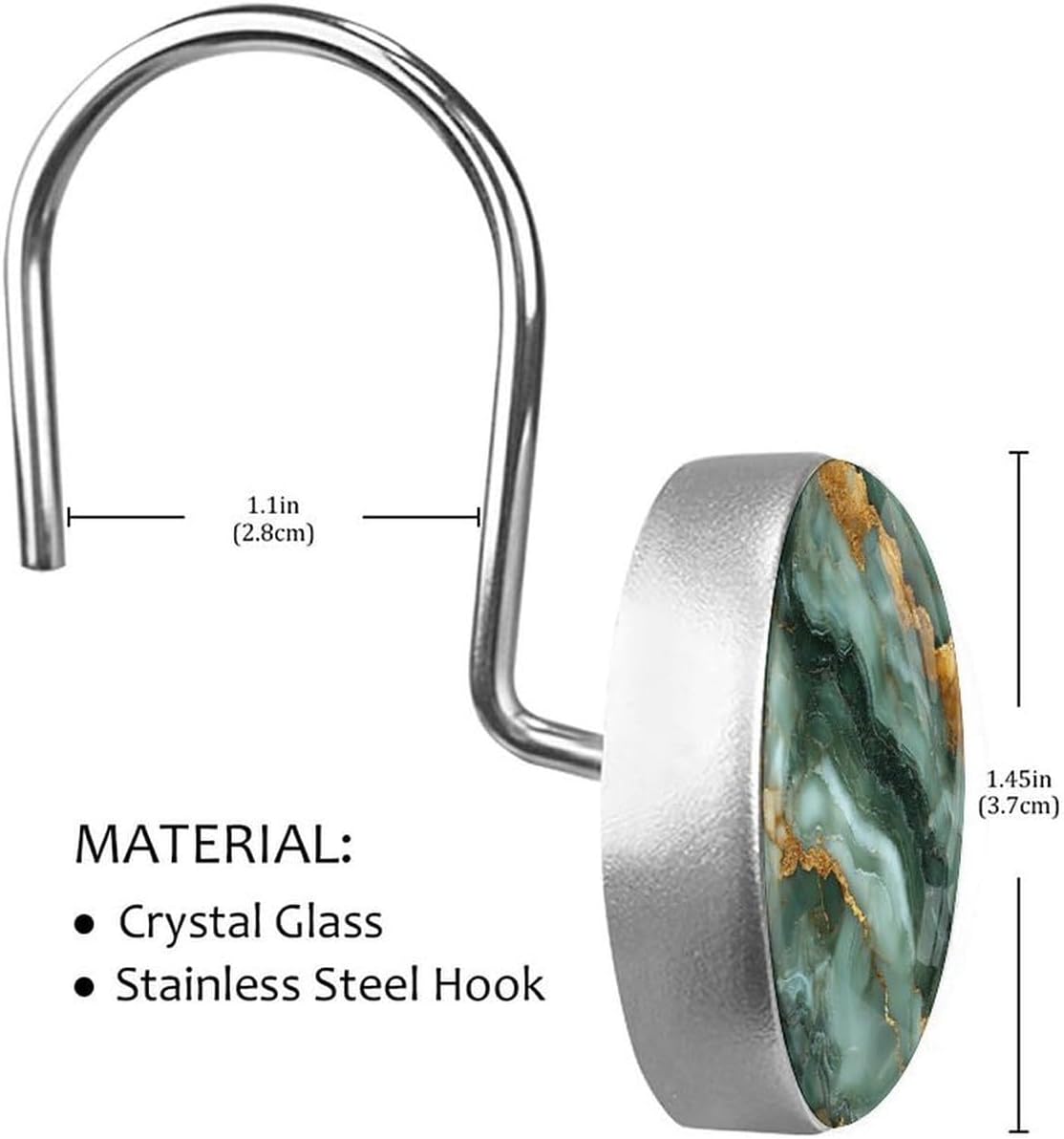 Marbling Shower Curtain Hooks,12 Pcs Rust Proof Glass Surface Stainless Steel Curtain Rings for Bathroom Bedroom Living Room Kitchen Home Shower Rods Decor