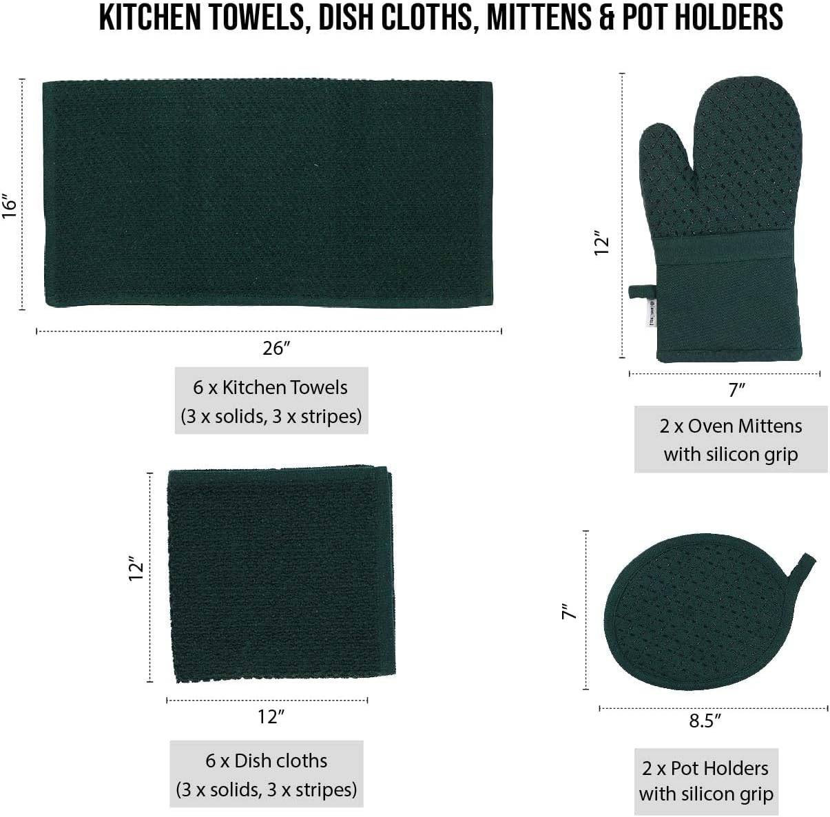 LANE LINEN Dish Towels and Dishcloths Sets - 16 Pc Kitchen Mitts and Pot Holders, 100% Cotton Kitchen Dish Rags for Washing Dishes - Green