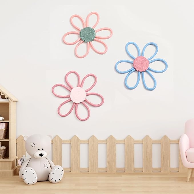 Peryiter 3 Set 10 Inch Boho Nursery Decor Woven Daisy Flower Macrame Wall Hanging for Baby Girls Nursery Home Bedroom Dorm Decor (Stylish Color)
