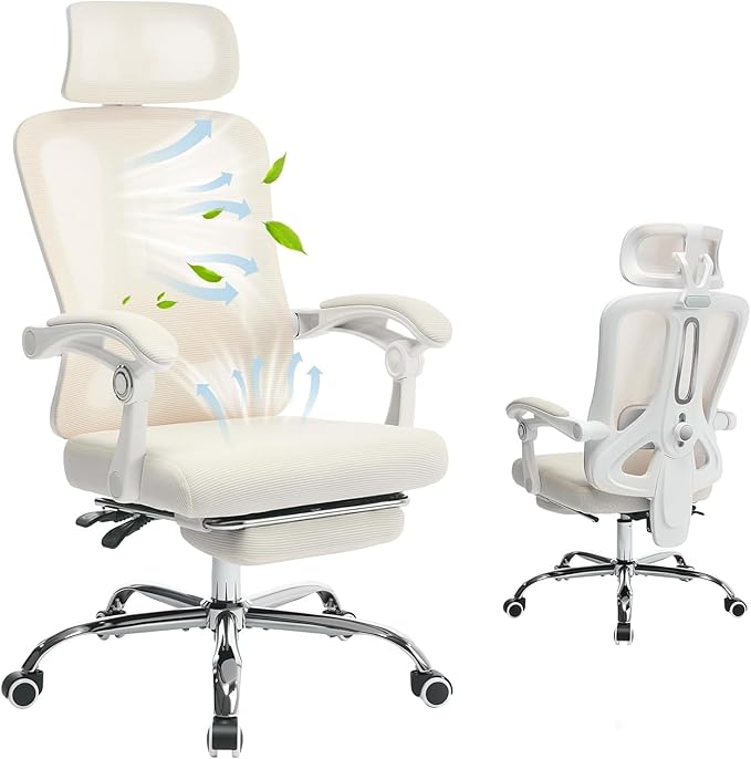 Ergonomic Office Chair, Adjustable Headrest and Lumbar Support, Retractable Footrest, HomeOffice Computer Executive Desk and Chair with Wheels for Home Office,Beige