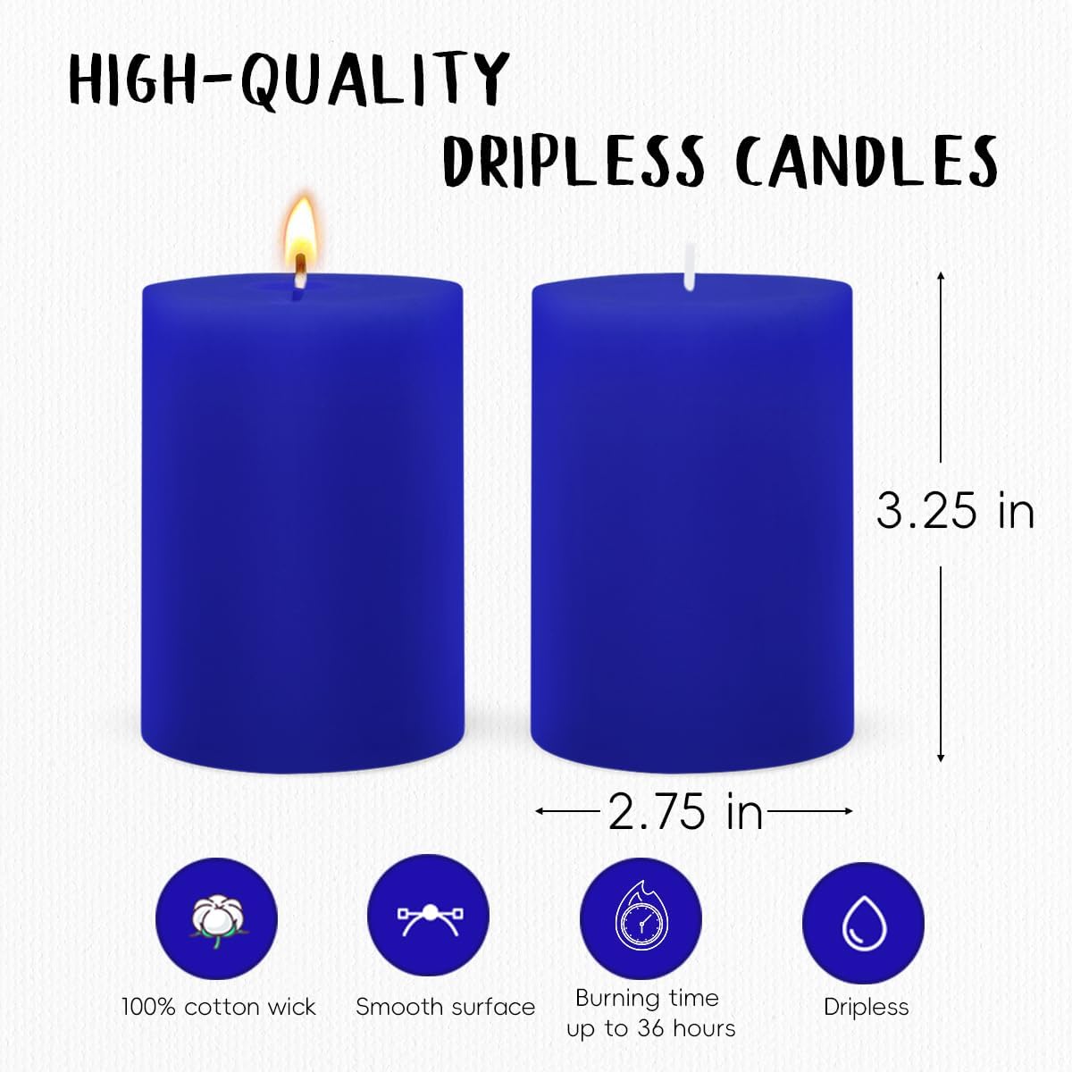 6 Packs 2.75x3.25 Inch Blue Colored Pillar Candles, Unscented Dripless Non-Toxic Smokeless Clean Long Lasting Burning Cylinder Candles for Home Dinner Table Decoration Emergency Power Outage