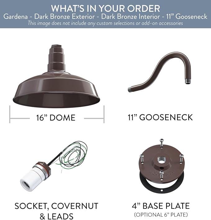 Steel Lighting Co. Gardena Barn Light | Outdoor Wall Mounted | 16" Dome | 11" Gooseneck | Farmhouse Light Made in America | Dark Bronze Exterior/Dark Bronze Interior