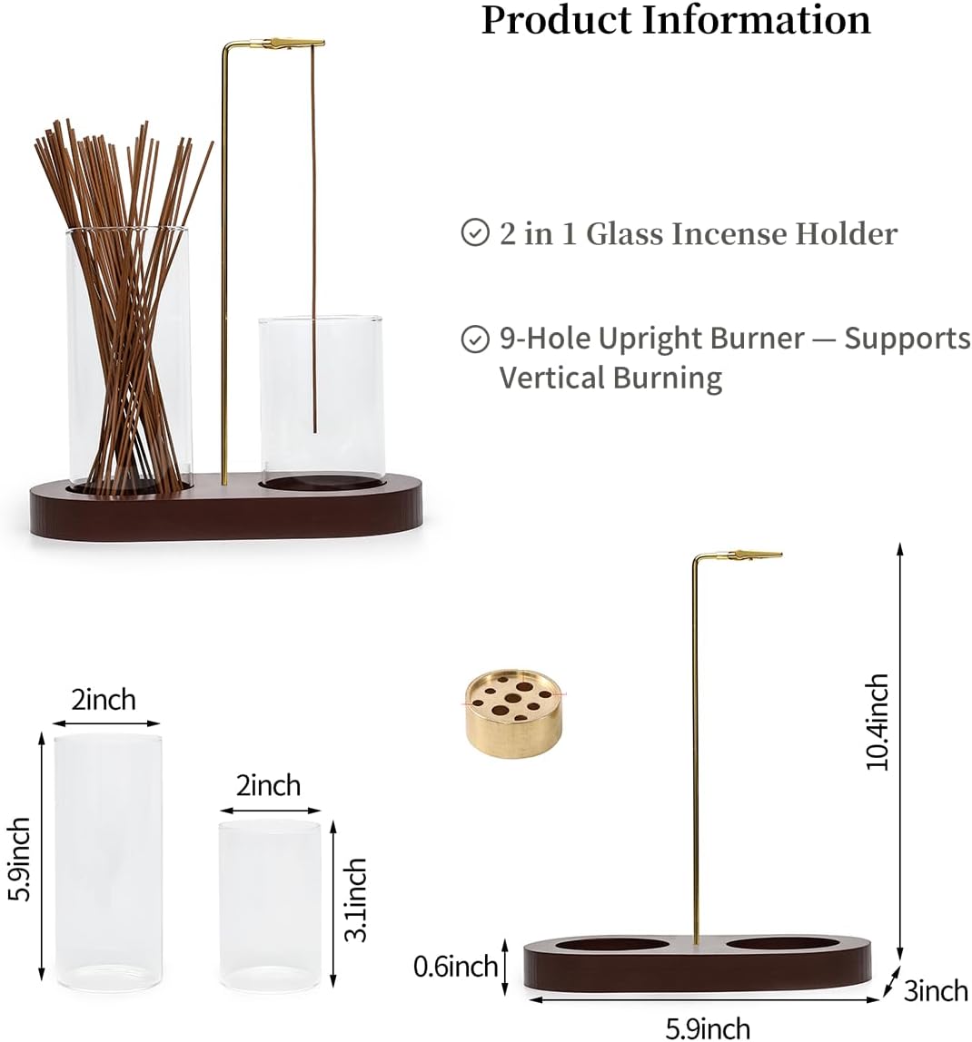 2 in 1 Glass Incense Holder for Sticks with 9-Hole Upright Burner, Ash Catcher, Cleaning Brush & Greeting Card, Meditation & Yoga Accessories,Gift for Home Decor (Dark Base)