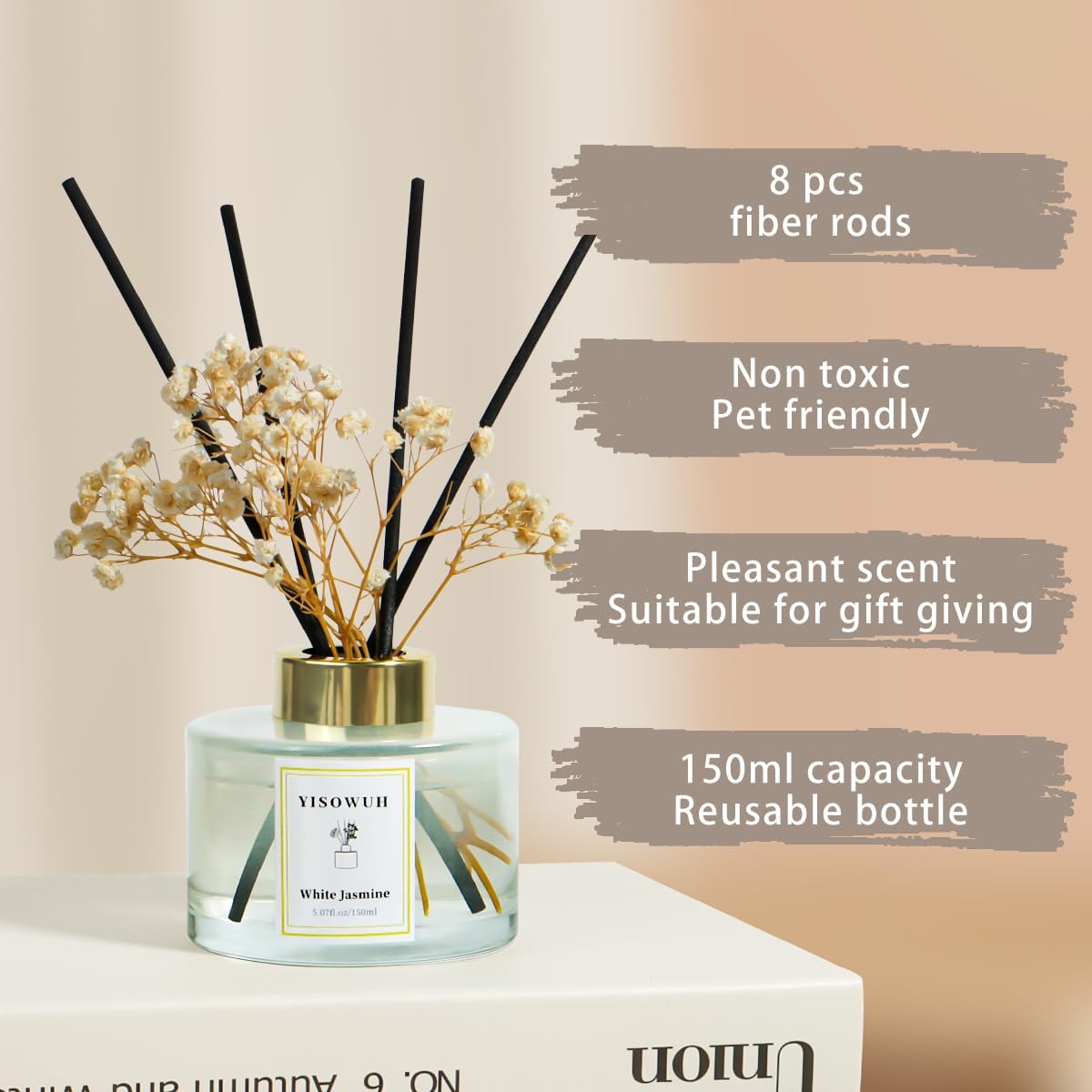 Reed Diffuser Set,5.07 fl oz (150 ml) - White Jasmine Oil Diffusers with 8 Reed Sticks,Home Fragrance Reed Diffuser for Bathroom Shelf Decor