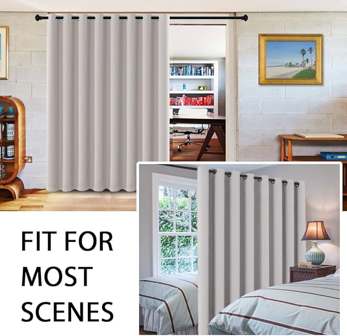 H.VERSAILTEX Blackout Curtains for Sliding Glass Door Room Divider Curtains Noise Reduce Barrier Curtain Panel Portable Window Screen Sliding Partition, W120 x L96 inches/8' Tall by 10' Wide, Stone