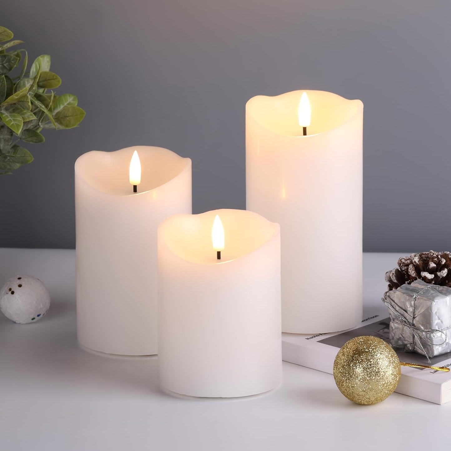 Eywamage White Flameless Pillar Candles with Remote, Flickering Realistic Battery Powered LED Wax Candles, Φ 3" H 4" 5" 6"