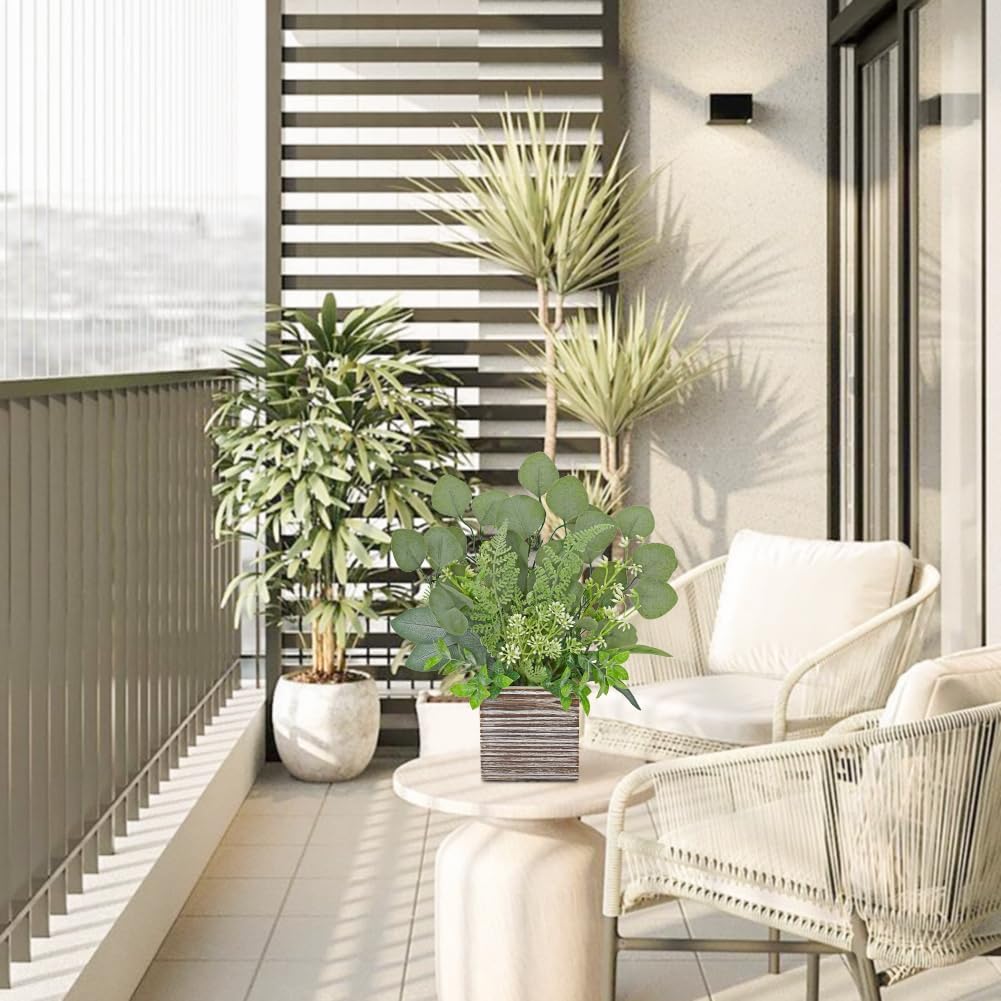 Hollyone Artificial Eucalyptus Plant in Rustic Wood Planter 14" Faux Eucalyptus Fern Greenery Arrangement Potted Plant Centerpiece for Farmhouse Home Indoor Wedding Table Mantel Shelf Kitchen Decor