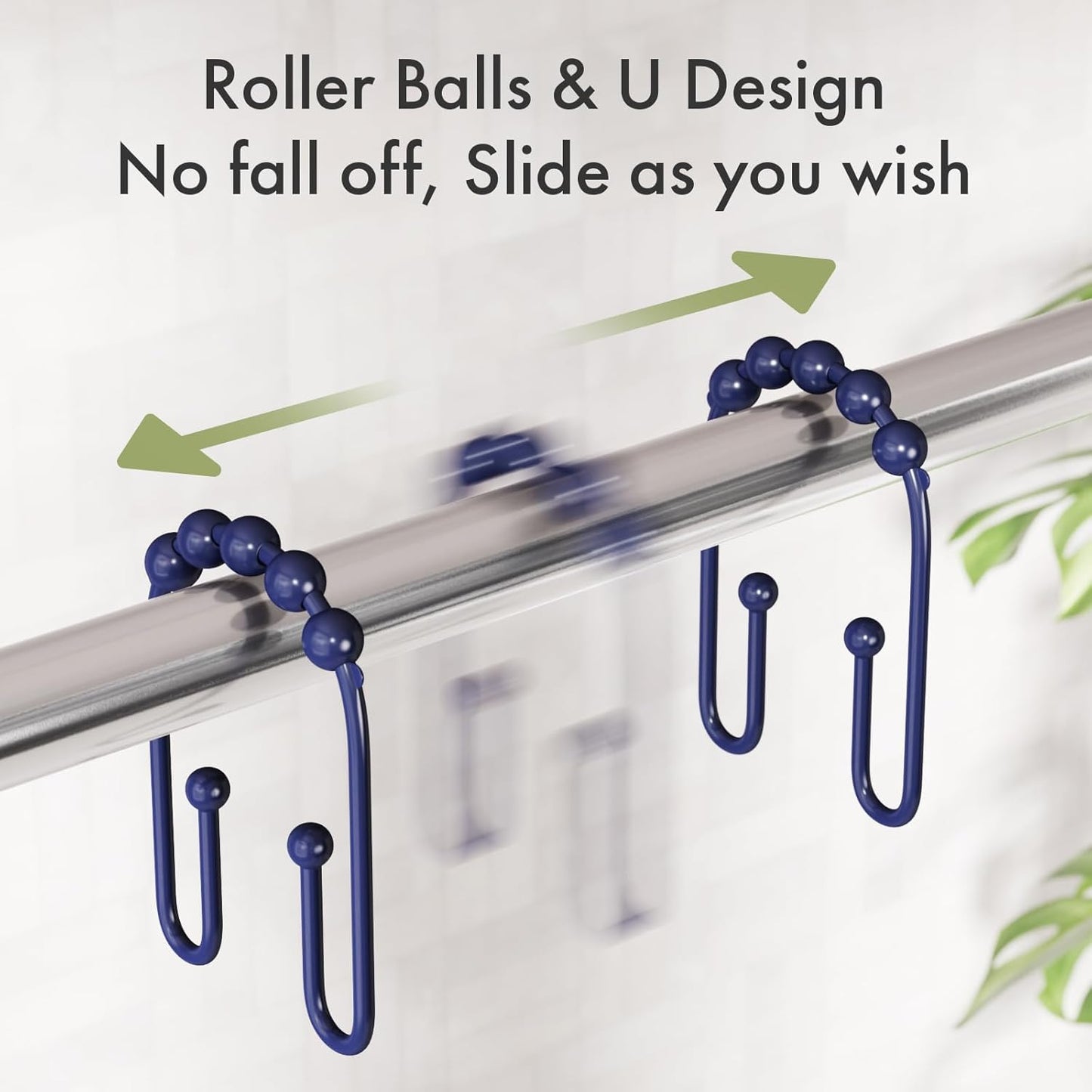 AmazerBath Shower Curtain Hooks, Navy Blue Shower Curtain Rings Rust Proof Non-Slip Double Hook Shower Curtain Hooks for Shower Curtain, Sturdy Shower Curtain Rings, Metal Shower Hooks Ring 12Pcs