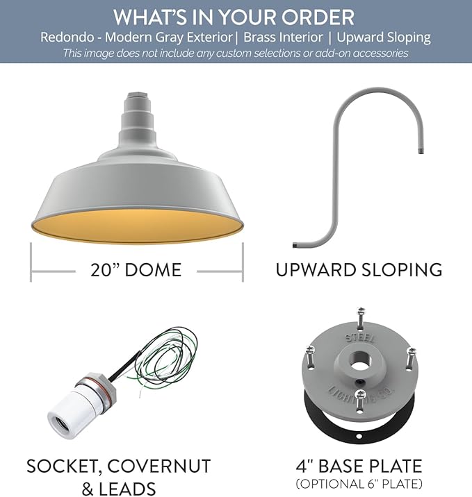 Steel Lighting Co. Redondo Barn Light | Outdoor Wall Mounted | 20 inch Dome | Upward Sloping Gooseneck | Large Farmhouse Warehouse Light Made in America | Modern Gray Exterior/Brass Interior