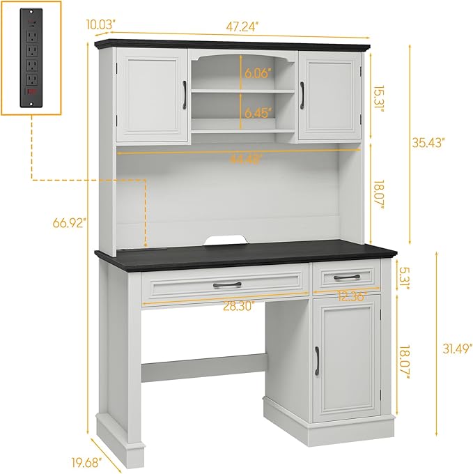 Farmhouse 47" Executive Desk with Hutch, 2 Drawers and LED Light, Computer Desk with Storage Cabinet and Charging Station,Workstation for Home Office and Study.