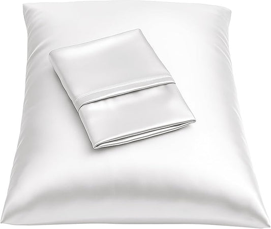 Satin Pillowcase with Zipper for Hair and Skin Care, Feels Soft and Cool Like a Silk Pillowcase, White Satin Pillow Cases 2 Pack, Slik Pillow Cover, Standard Size - Set of 2