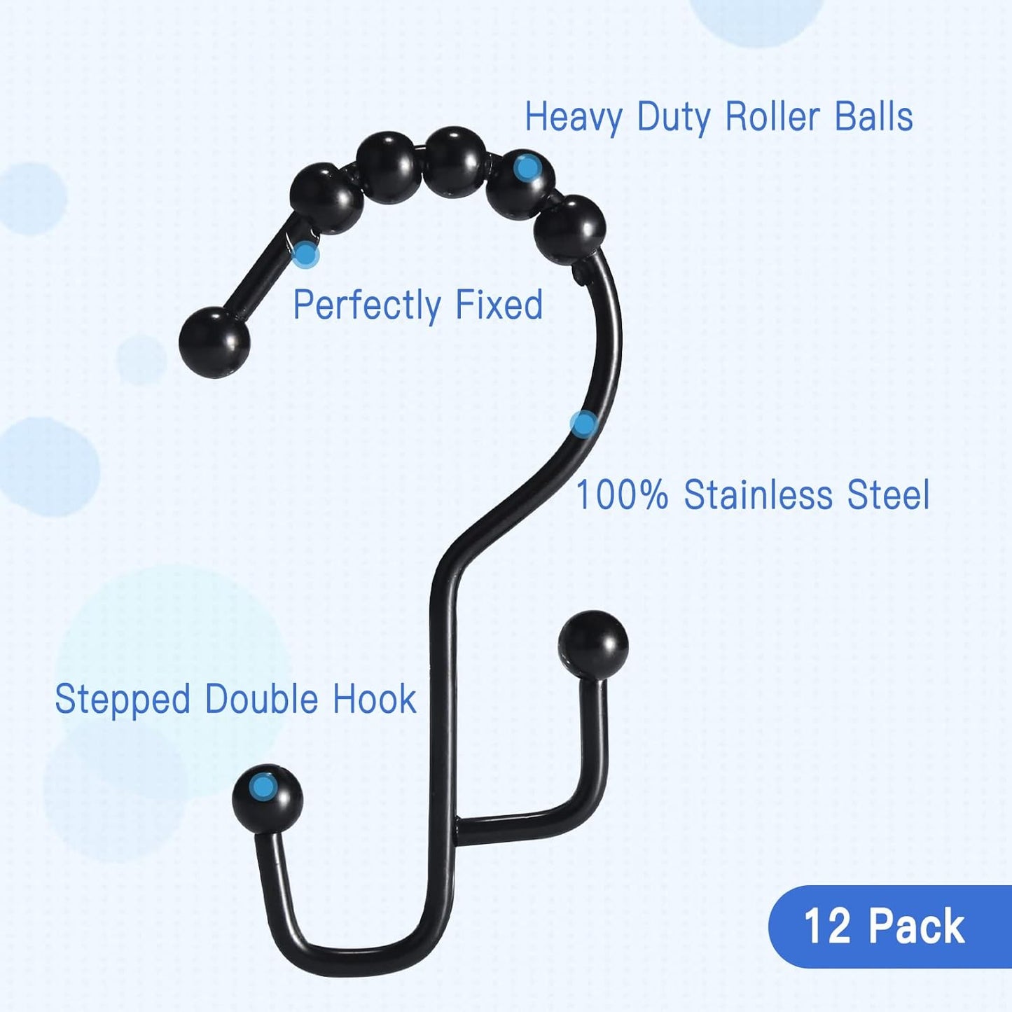 Shower Curtain Hooks, 12 Pcs Double Shower Curtain Hooks Rings, Black Shower Curtain Hooks Rust Proof, Stainless Steel Bathroom Shower Hooks for Shower Curtain, Towels, Clothing, Black