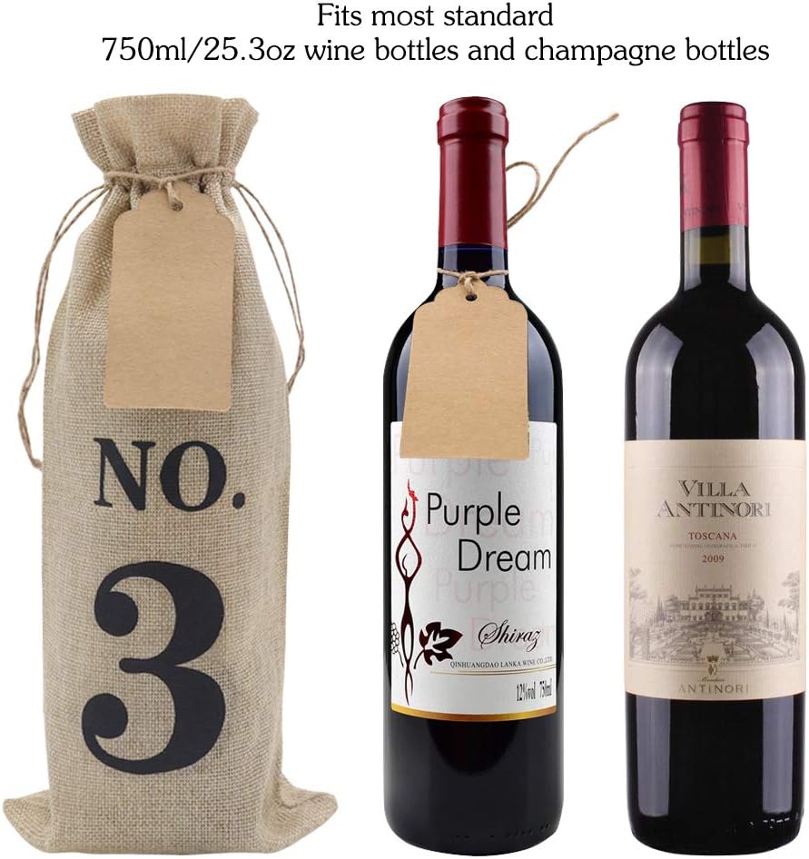 HRX Package 10pcs Burlap Wine Bags with Tags for Blind Wine Tasting, Numbered Hessian Cloth Glass Bottle Gift Bags for Christmas Wedding Party Decoration