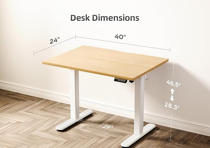 Claiks Bamboo Electric Standing Desk, Adjustable Height Stand up Desk, 40x24 Inches Sit Stand Home Office Desk with Splice Board, White Frame/BambooTop