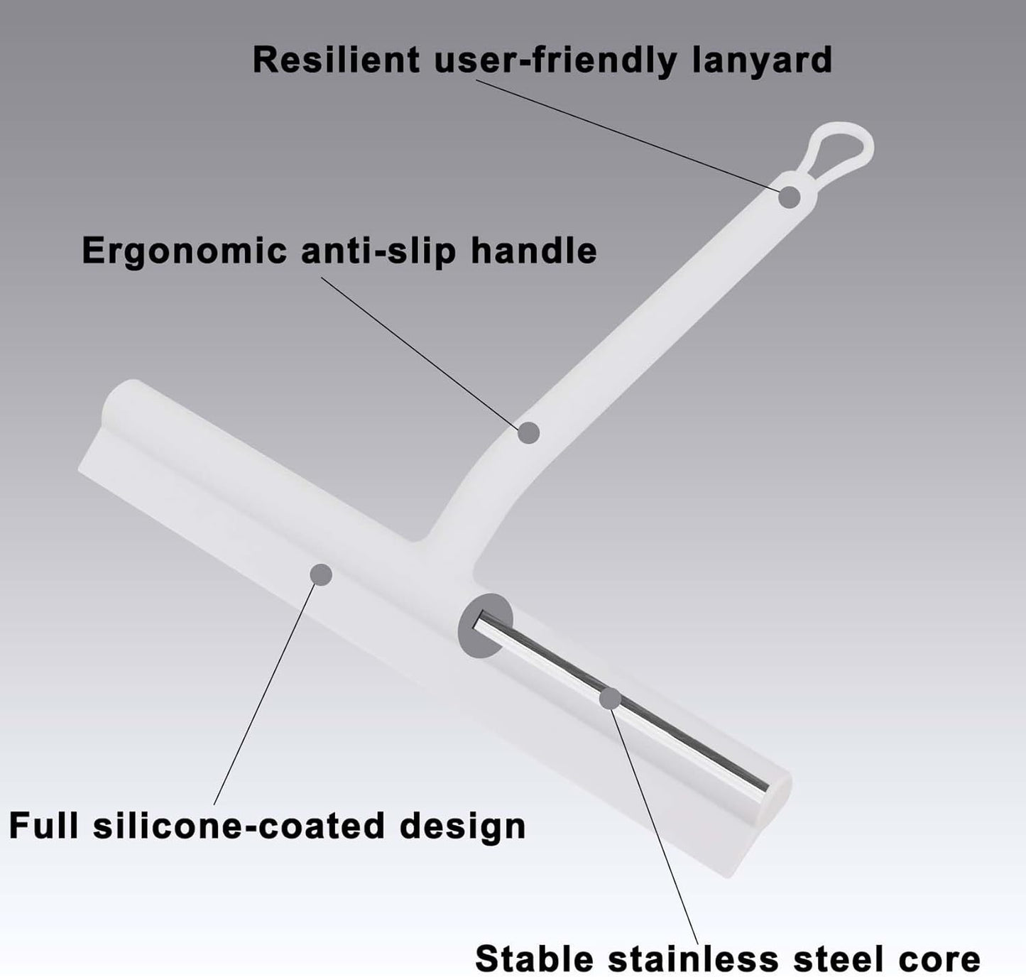 Squeegee for Shower Glass Doors, Resilient Loop - No-Drill & Adhesive Hook, Silicone Shower Squeegee with Stainless Steel Core, Cleaning Tool for Home, Kitchen, Bathroom & Car - White