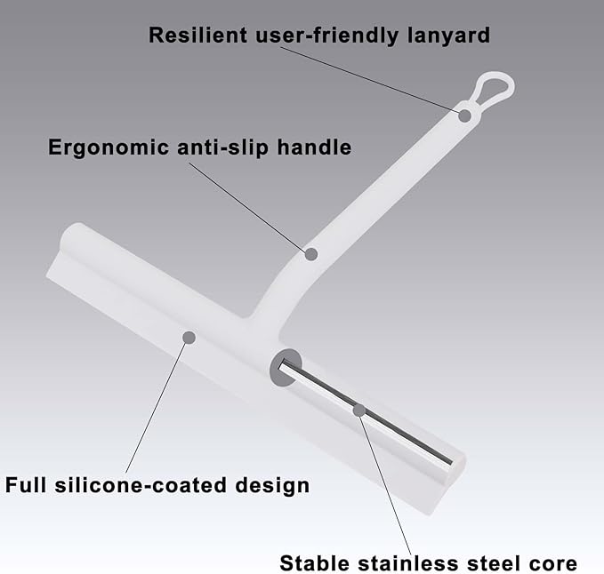 Squeegee for Shower Glass Doors, Resilient Loop - No-Drill & Adhesive Hook, Silicone Shower Squeegee with Stainless Steel Core, Cleaning Tool for Home, Kitchen, Bathroom & Car - White
