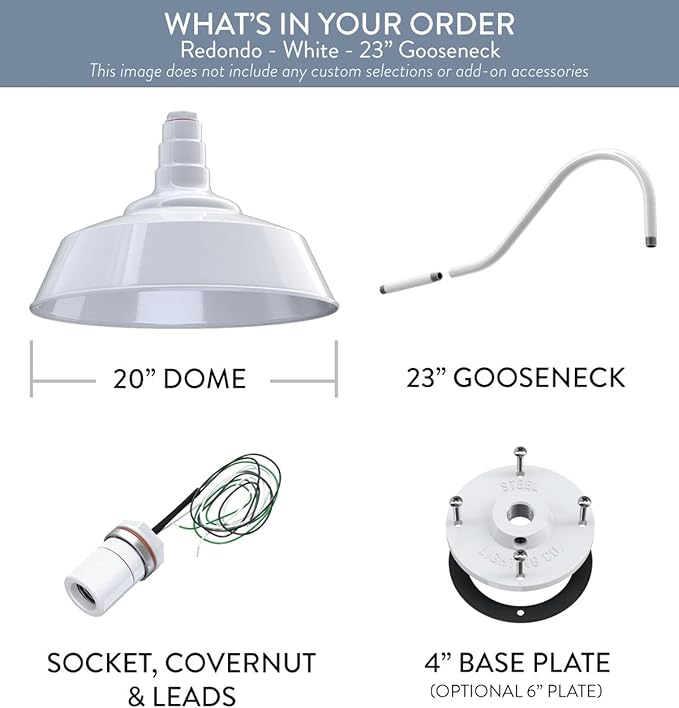 Steel Lighting Co. Redondo Barn Light | Outdoor Wall Mounted | 20 inch Dome | 23 inch Gooseneck | Large Farmhouse Warehouse Light Made in America | White Exterior/White Interior