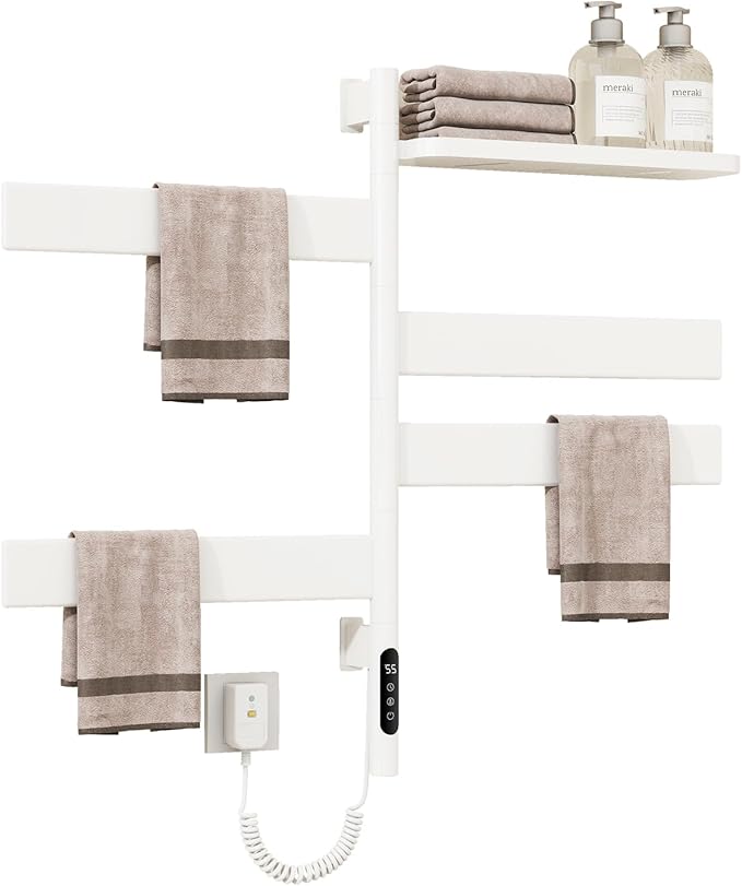 Swivel Heated Towel Rack, Wall Mounted Electric Towel Warmer Rack for Bathroom, 4 Square Bars Swivelable Towel Dryer with Tray, Towel Heater with Built-in Timer, for bathroom, Salons & Spas(G69-White)