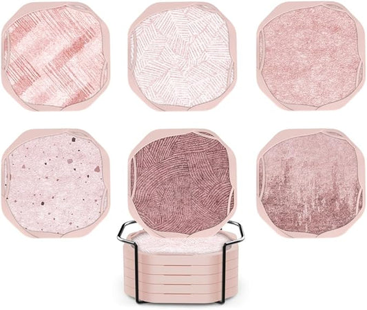 UMIRRO Pink Coasters for Drinks with Holder, Absorbent Felt Coasters with Silicone Case for Wooden Coffee Table, 4", Set of 6