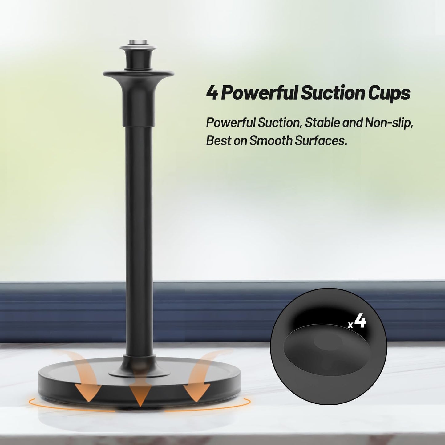 VEHHE Paper Towel Holder Countertop, Black Paper Towel Holder Stand with Spring Damping for Kitchen Bathroom, One Hand Tear Paper Stainless Steel Paper Towel Holder with Weighted Base and Suction Cups