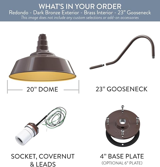 Steel Lighting Co. Redondo Barn Light | Outdoor Wall Mounted | 20 inch Dome | 23 inch Gooseneck | Large Farmhouse Warehouse Light Made in America | Dark Bronze Exterior/Brass Interior