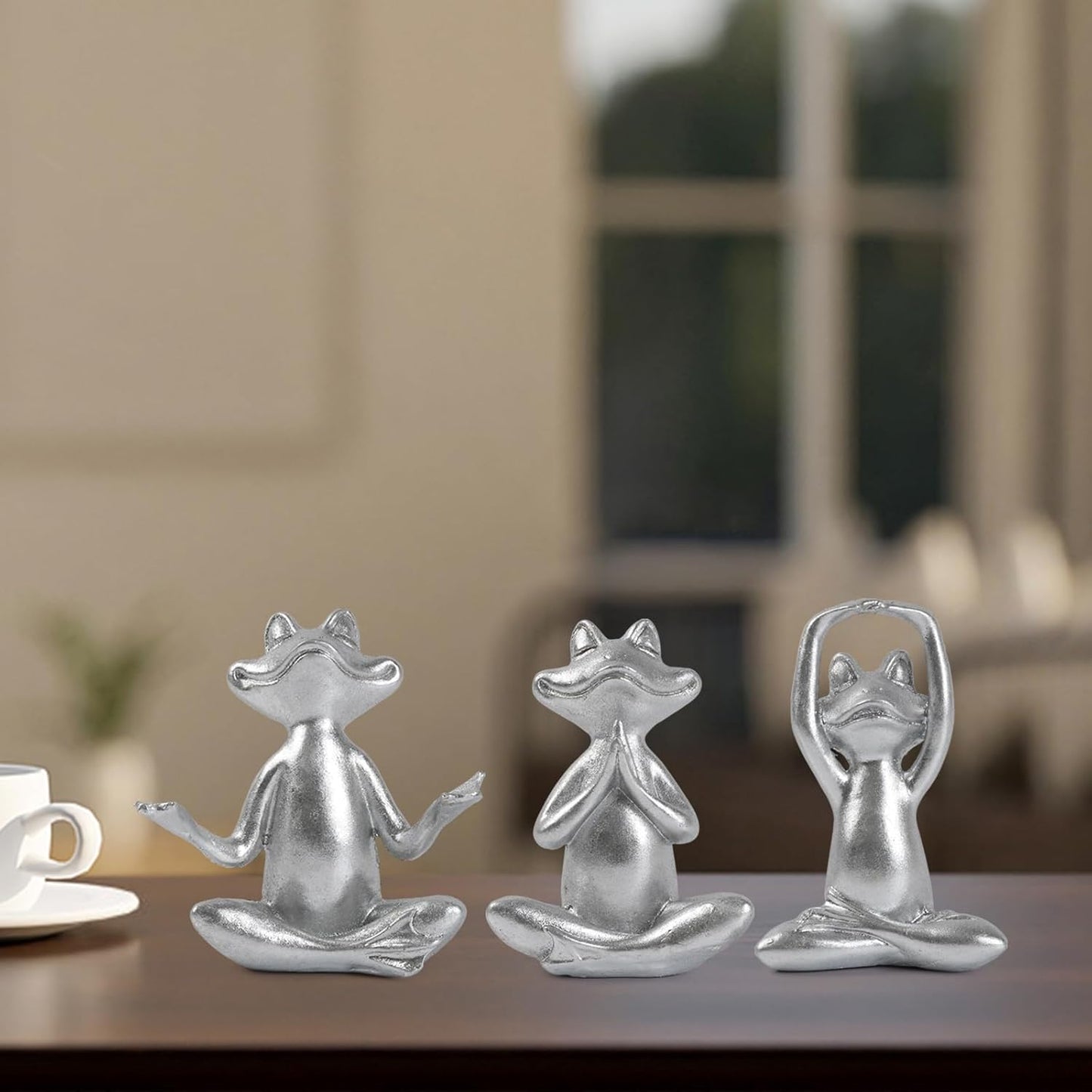Silver Frog Figurines Yoga Decor Set of 3 –Frog Yoga Statues for Modern Living Room Table Office Bookshelf Shelves Home Sculptures Decor, for Mom Dad Women