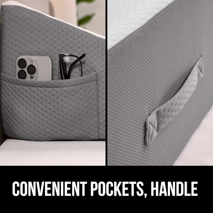 GORILLA GRIP Bed Wedge Pillow for Sleeping, Soft Dual Layer Memory Foam, Stay in Place Dots, Breathable, Ergonomic Headboard Triangle Sleep Support, Reading Elevation Anti Snoring, 12in White Gray