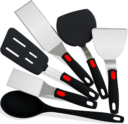6-Pieces Silicone Spatula Turner Metal Stainless Steel Spatulas Set, Food-Grade 600°F Heat-Resistant Tools for Grilling, Burgers, Omelets and Pancakes with Non-Slip Handles