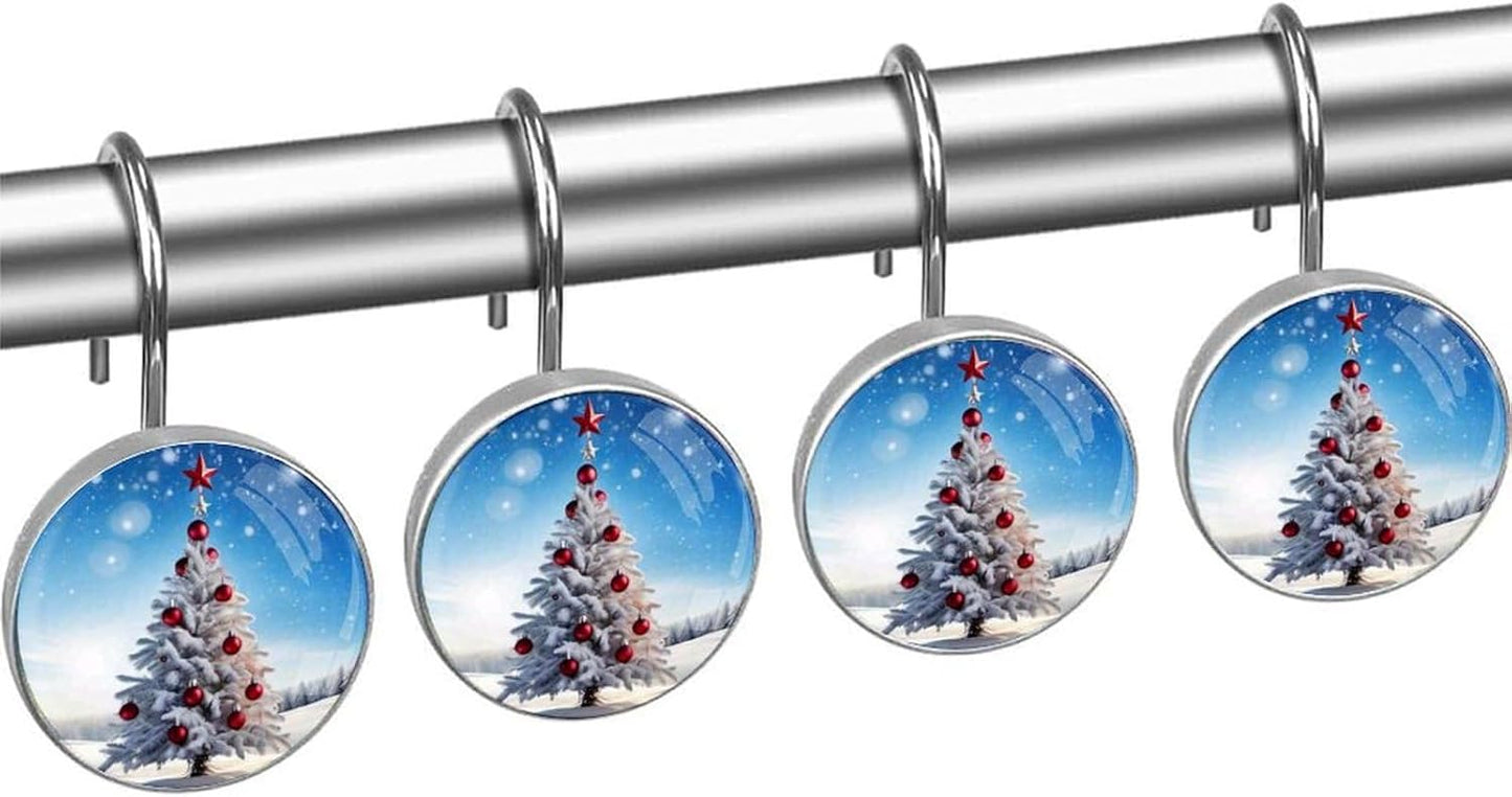 Christmas Tree Shower Curtain Hooks 12 Pcs, Xmas Tree Rust Proof Glass Surface Stainless Steel Curtain Rings for Bathroom Bedroom Living Room Kitchen Home Shower Rods Decor